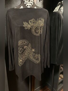 Vintage Janana’s Velvet blend Lined Black Flocked Gold Paisley Tunic Sz 2X